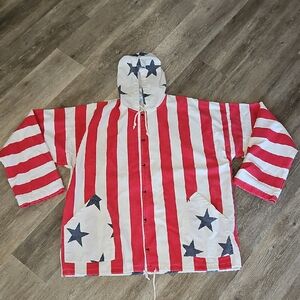 Red and White Striped Patriotic Hooded Jacket with Stars L/XL